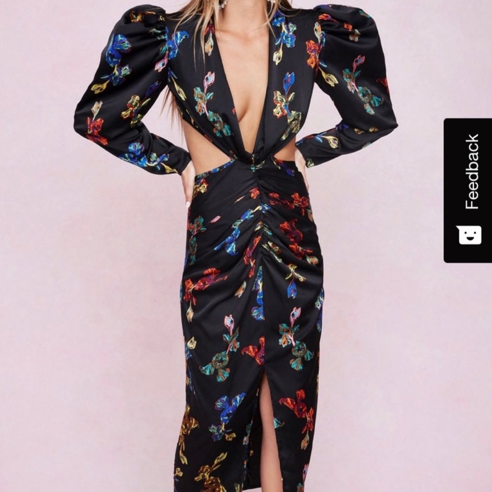 NastyGal Floral V-Neck Cut Out Maxi Dress Puff Sleeve Size 6